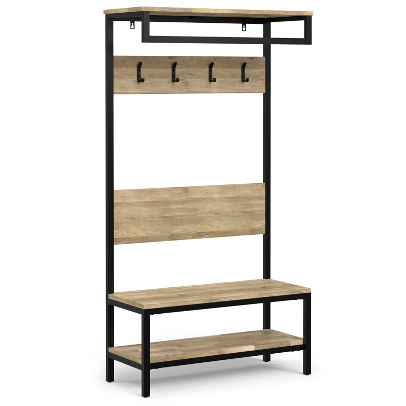 Natural Mango Wood Industrial Hall Tree with Storage Bench