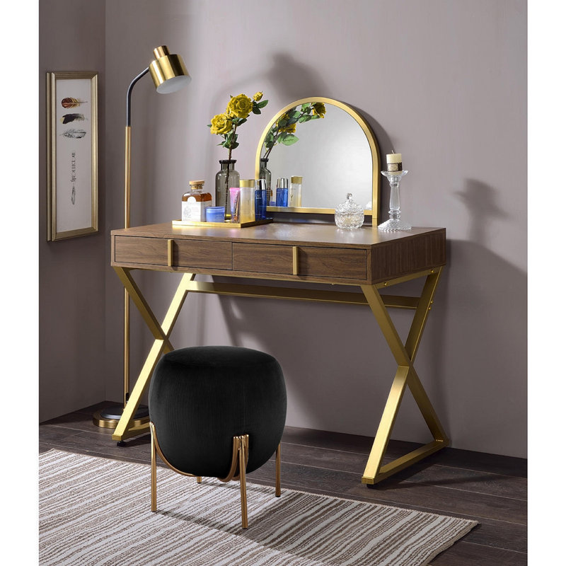2 Drawers Vanity Desk With Mirror And Jewelry Tray, Walnut And Gold