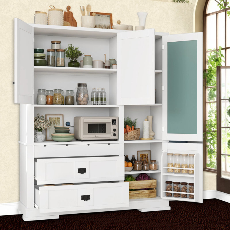 Buffet autoportant de 63,3 po de largeur avec huche, garde-manger traditionnel avec portes en verre givré, tiroirs, tablettes de porte et tablettes réglables