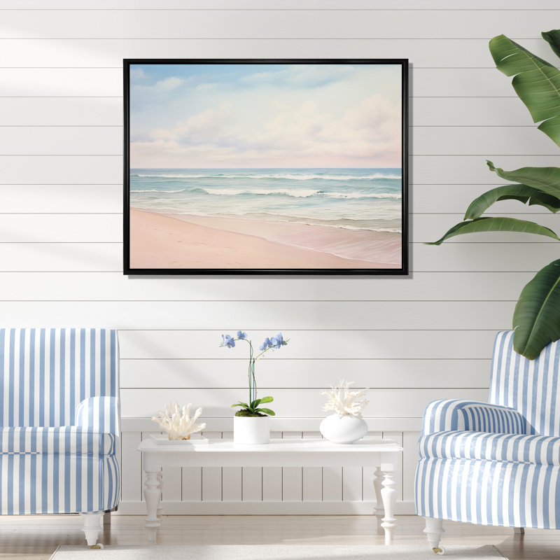 «Ocean Tranquility Tender Pink Pastel Sunrise - Coastal Beach», reproduction d'art sur toile, H 34 po x l 44 po, Noir