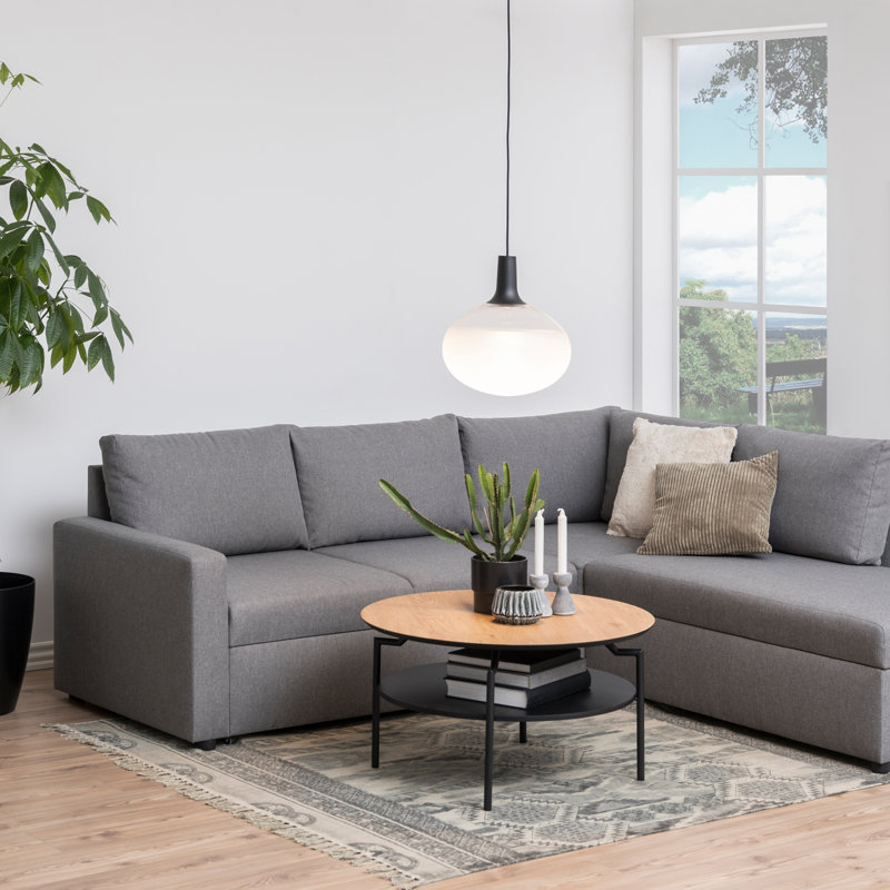 Round Coffee Table with Melamine Top & Black Legs, Oak