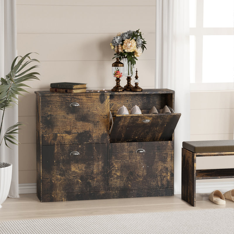 Slim Narrow Shoe Cabinet with 4 Flip-Top Drawers, Hidden Shoe Rack for Entryway, Waterproof MDF, Adjustable, Anti-Tipping, Easy to Assemble