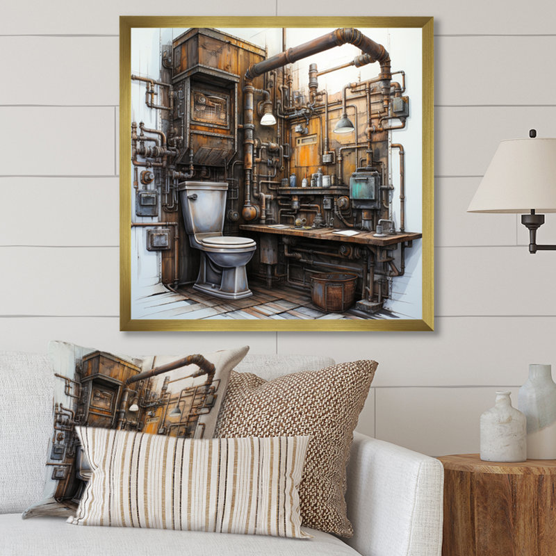 Toilet Industrial Chic Mixed I - Bath & Laundry Canvas Prints, H 36 po x l 36 po x P 1,5 po, Cadre doré à une seule photo