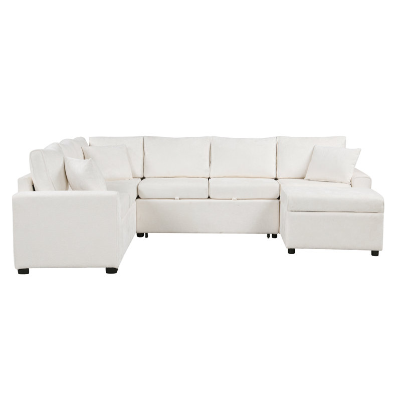 Divan-lit modulaire avec canapé-lit de 112,2 po avec repose-pieds avec rangement, trois coussins et dispositifs de chargement pour le salon, crème