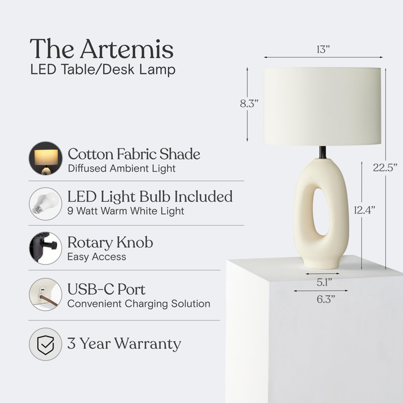 Artemis 22" White Ceramic Table Lamp with Cotton Shade