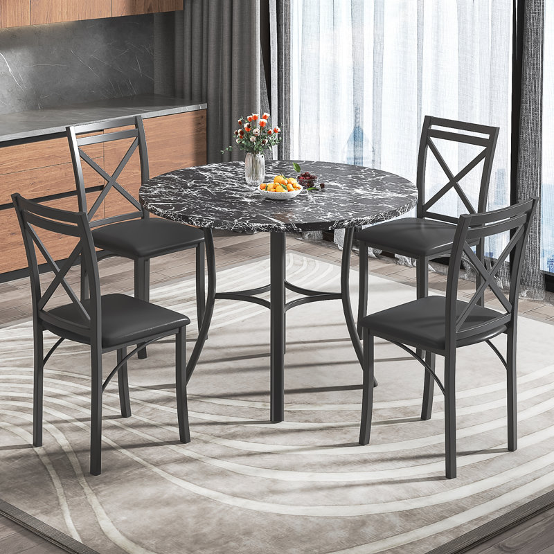 Ensemble de salle à manger à quatre pieds Kasandra pour 4 personnes, ensemble de table de salle à manger 5 pièces pour 4 personnes, table de cuisine ronde et 4 chaises de salle à manger en métal avec sièges en similicuir