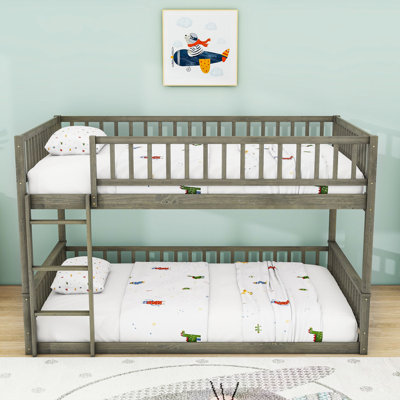 Queen Over Queen Wooden Bunk Bed With Slats And Guardrails