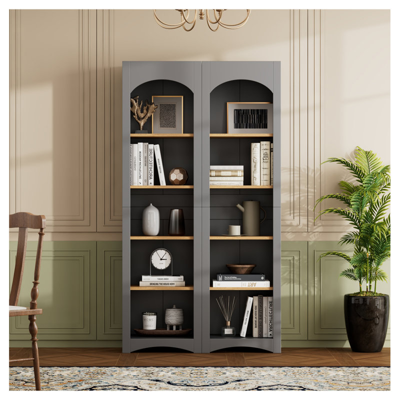  Bibliothèque sur pied à 5 niveaux ON-TREND, ensemble de 2 armoires de rangement de style campagnard gris avec tablettes réglables, garde-manger de 72 po