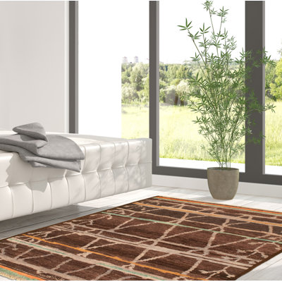 Tapis marocain brun foncé en laine nouée à la main de conception unique 4 pi 1 po x 5 pi 9 po New Age