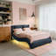 Structure de lit tapissier en similicuir avec éclairage DEL, musique Bluetooth, massage par vibration et support à lattes de bois-631728733-631728722