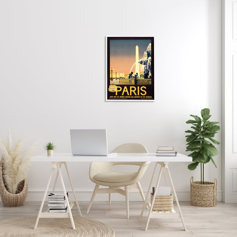 « paris fontaine », affiche rétro, H 30 po x l 24 po, Giclée encadrée blanc bord de mer