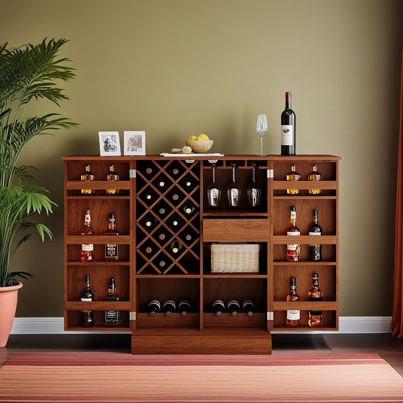 Armoire de bar 41,9 ", porte de bar pliante en noyer industriel avec table de rangement