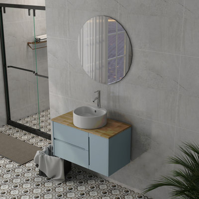 Armoire de meuble-lavabo mural 36 po à double tiroir + porte simple, plateau en bois massif, lavabo rond en céramique et miroir rond, design minimaliste moderne, grand espace de rangement