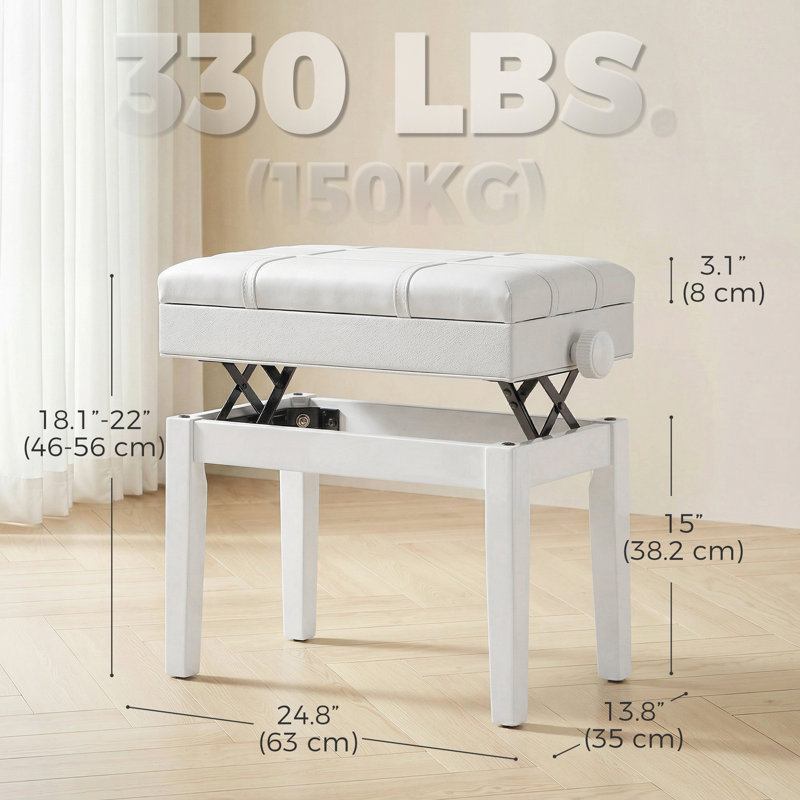Banc de piano réglable 24,8 po, banc à clavier, blanc, Blanc, Blanc, Blanc