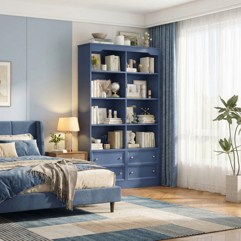 Kirklyn 6-Tier Standard Bookcase with 4 Drawers, Blue