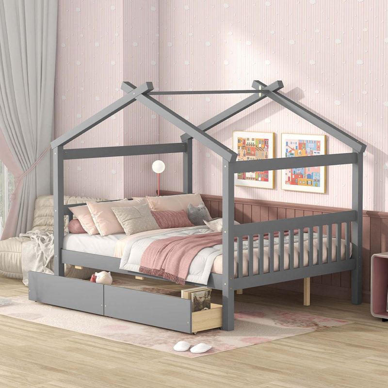 Pittston 2-Drawer Standard Bed Wooden House Bed, Gray, Full