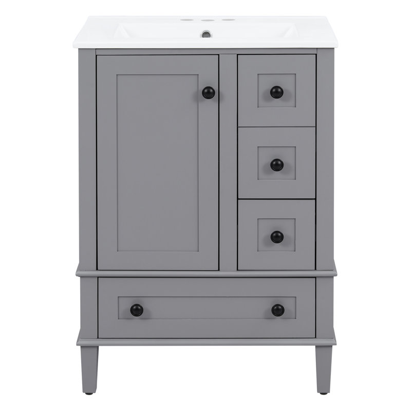 Meuble-lavabo simple 24 po avec plateau en céramique, tiroirs et porte à fermeture en douceur, Grey