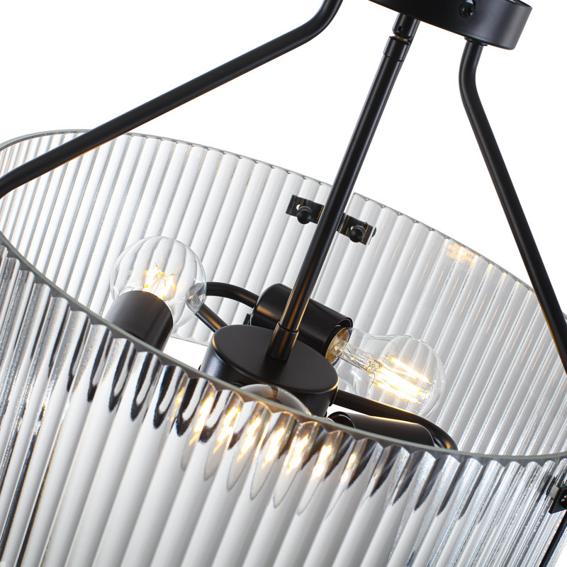 Plafonnier semi-encastré 3 lumières en verre nervuré moderne, Matte Black