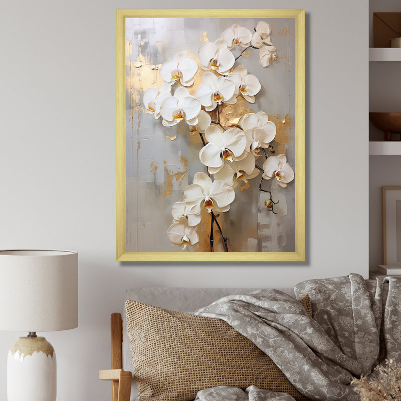 Minimalisme beige et orchidées dorées IV - impression sur toile encadrée orchidée, H 32 po x l 16 po x P 1 po