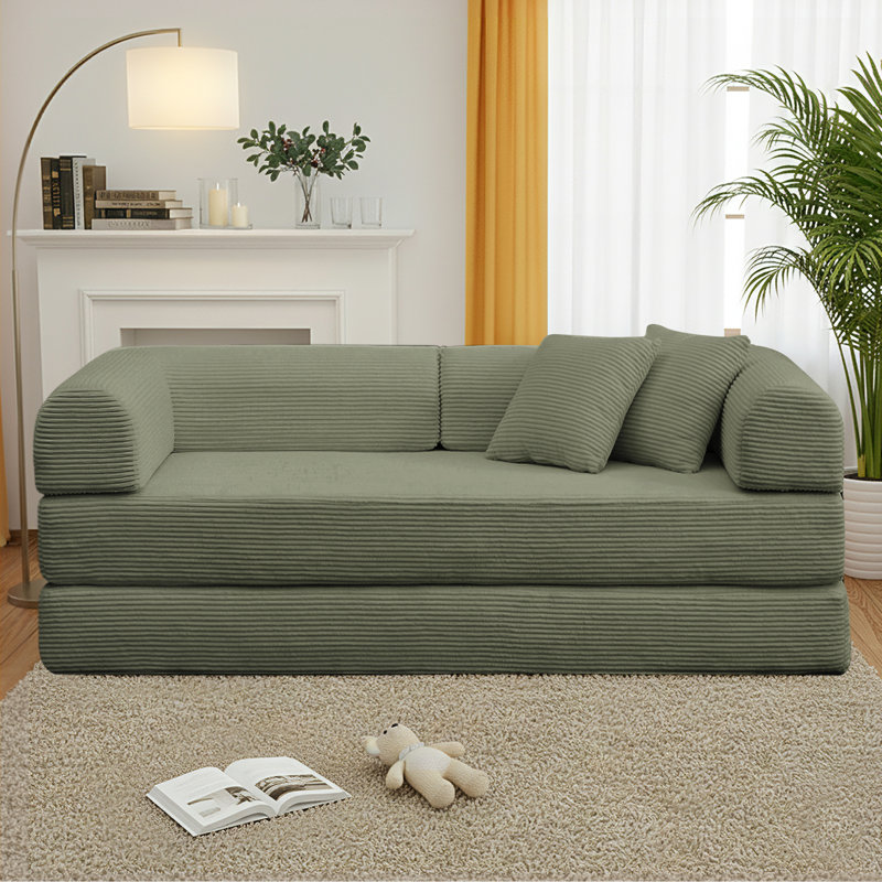 89" Boneless Corduroy Sleeper Sofa Bed, Modular Futon Couch, Compression Foam Sofa with 2 Pillows, No Assembly Required