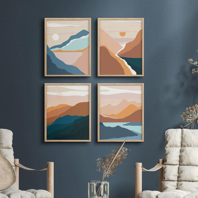 Ensemble encadré de 4 paysages encadrés sur papier orange et bleu, H 14 po x l 11 po x P 1 po, Naturel