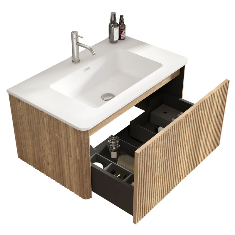 Meuble-lavabo suspendu de 76 cm avec lavabo en surface solide blanche, armoire de salle de bain murale en chêne miel rayé, meuble-lavabo moderne préassemblé