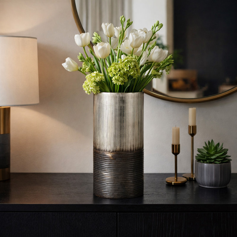 Cylinder Two Tone Glass Table Vase for Home Tabletop Decor - Decorative Tall Flower Vase Accent for Shelves, or Living Room Styling - Silver & Bronze