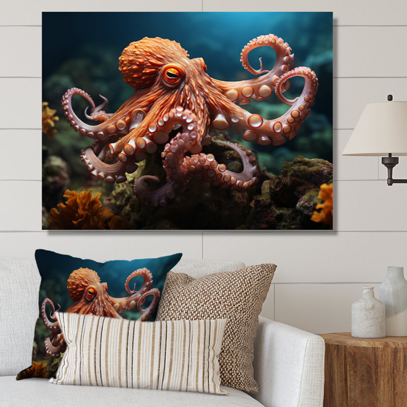 Corail Octopus Serene submersion II - pieuvre, art mural, Toile tendue, H 24 po x l 32 po x P 1 po