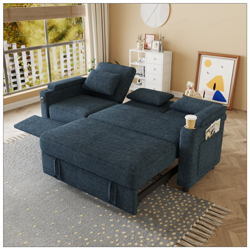Canapé-lit 3 personnes pliable 3-en-1 avec table, ports USB et accoudoirs de rangement, tissu chenille de haute qualité