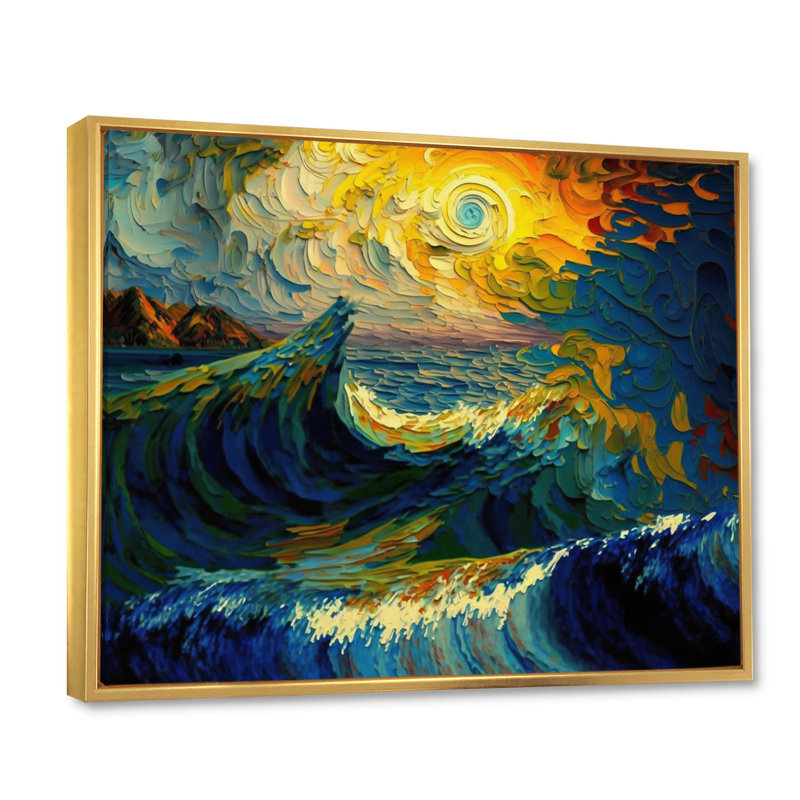 Vagues sauvages se brisant au coucher du soleil I - impression, Cadre flottant doré, H 16 po x l 32 po x P 1 po