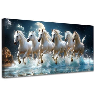 Horse Wall Art - 7 Running Horses Canvas Wall Decor for Living Room, Elegant Artwork Vastu Landscape Horse Painting Wall Art for Home Wooden Frame Wrapped Canvas, 20×40 inches