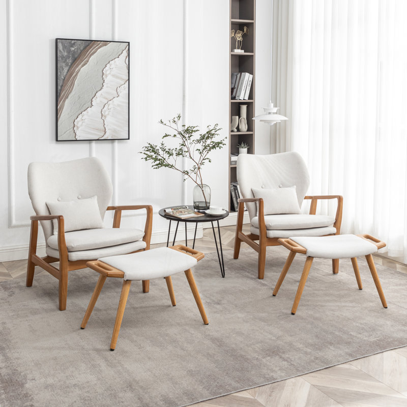 Koutsky Upholstered Accent Chair with Ottoman, Beige Linen Blend