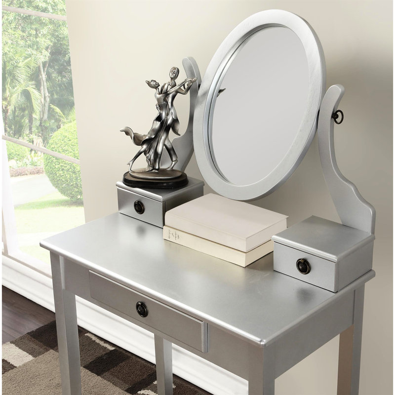 Table de coiffeuse et tabouret de maquillage en bois, argenté - rangement à 3 tiroirs, miroir réglable pour le matériau du tabouret de soins de beauté, tiroirs de rangement, pour femmes