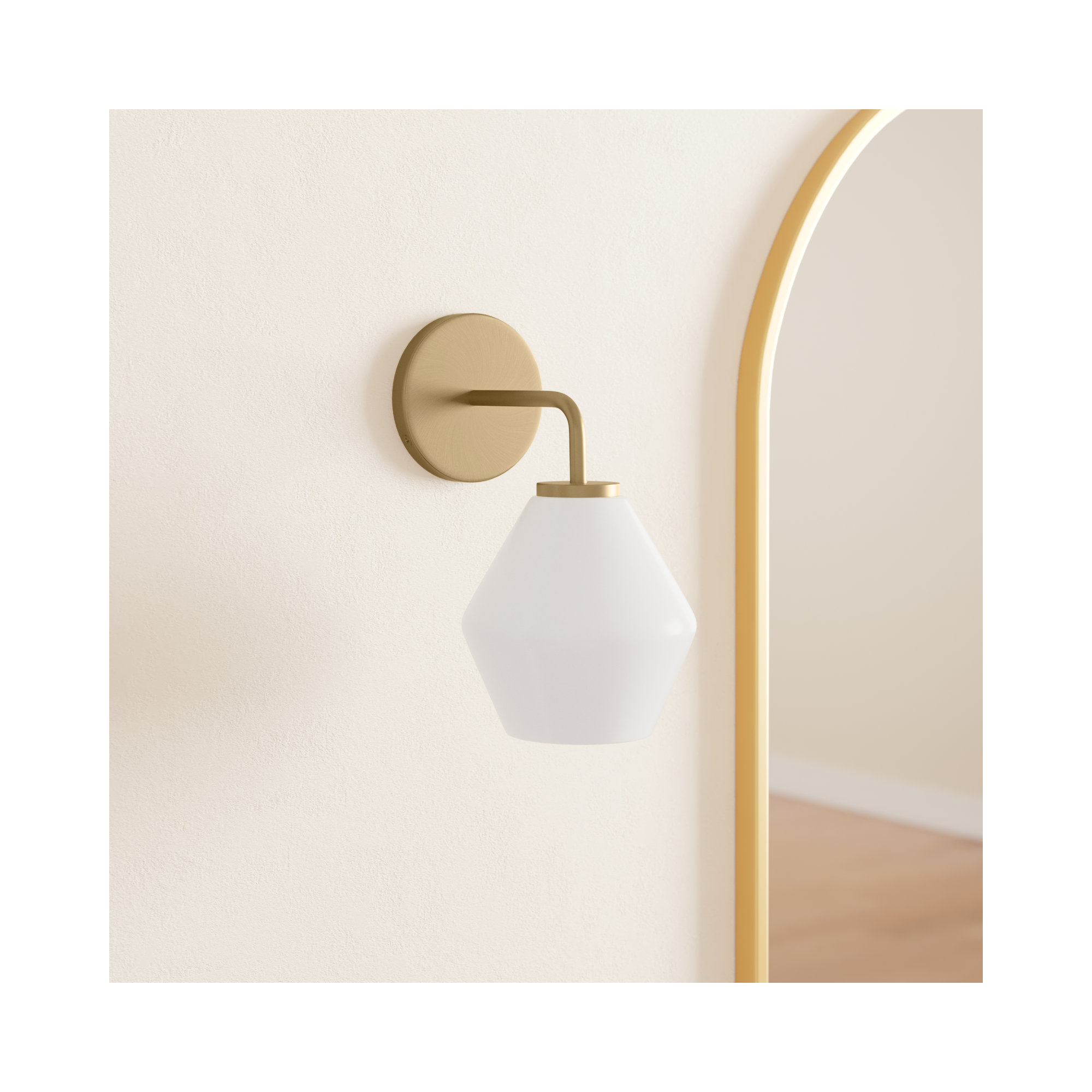Rooks Single Light Glass Steel Dimmable Armed Sconce, Satin Brass, White