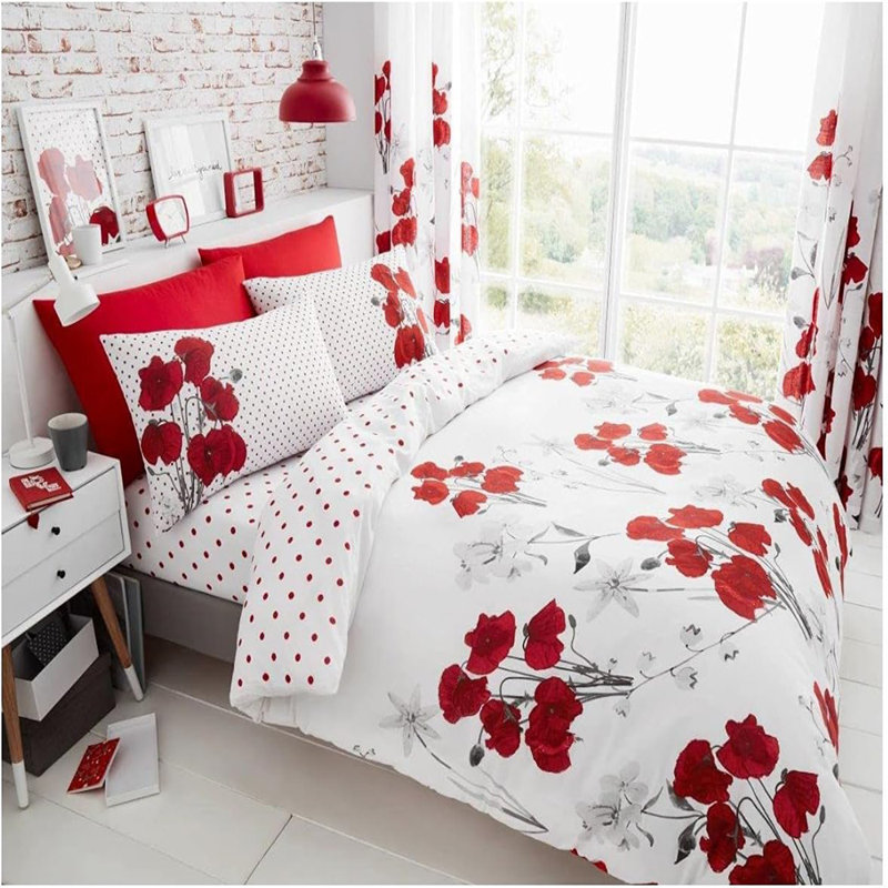 Cotton Blend Floral Duvet Cover with Pillowcases, Red, Kingsize - 2 Standard Pillowcases