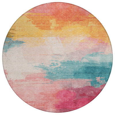8' Pink Gold And Teal Blue Round Abstract Washable Indoor Outdoor Area Rug