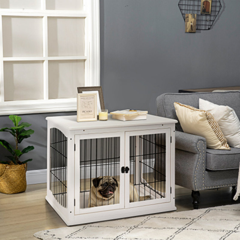 Table de bout pour chien avec cage pour deux petits côtés, Blanc