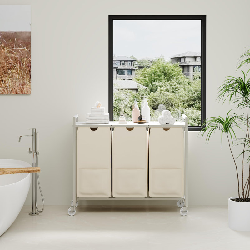 Trieur de linge avec roulettes et sacs amovibles, chariot de rangement roulant à 3 bacs avec tablette pour dortoir de salle de bain, panier à linge de 33 po