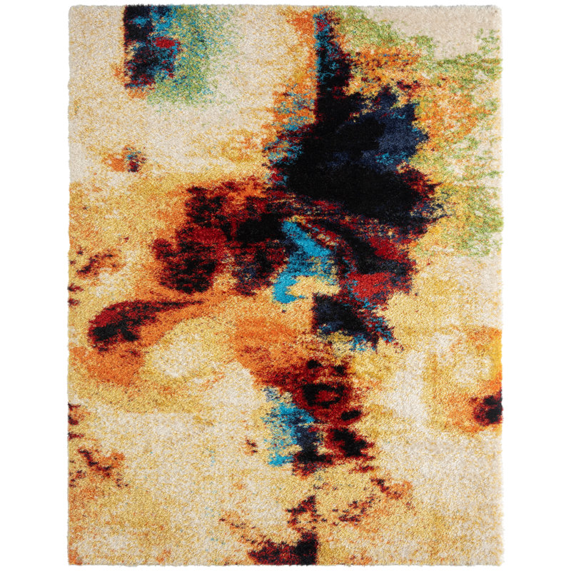 Tapis moderne abstrait à poils longs beige / or / bleu, Rectangle 10 pi 4 po x 14 pi