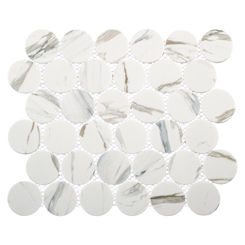 Ispara Gorbelle Blue 2-in Penny Round Marble Look Matte Glass Wall & Floor Mosiac Tile, Blue