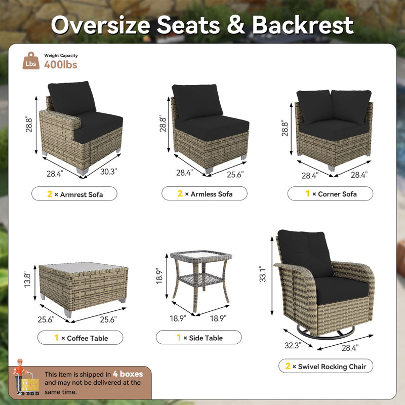Ensemble de patio 9 pièces en résine tressée PE avec coussins de 10 cm et chaises pivotantes, Noir / gris foncé
