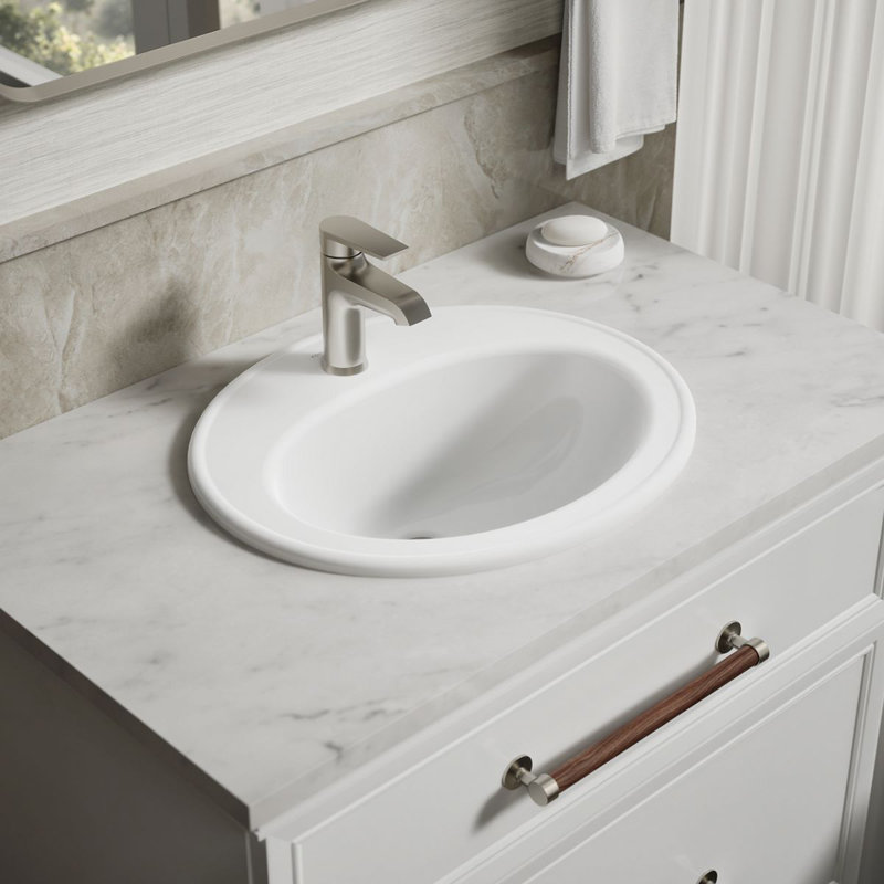 Lavabo de salle de bain ovale encastré avec trop-plein en céramique Pennington, Blanc, Simple