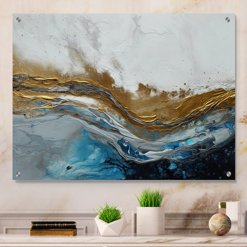 Grey Gold Modern Abstract Contemporary IV - Abstract Marble Acrylic Wall Art For Living Room, 16" H x 32" W