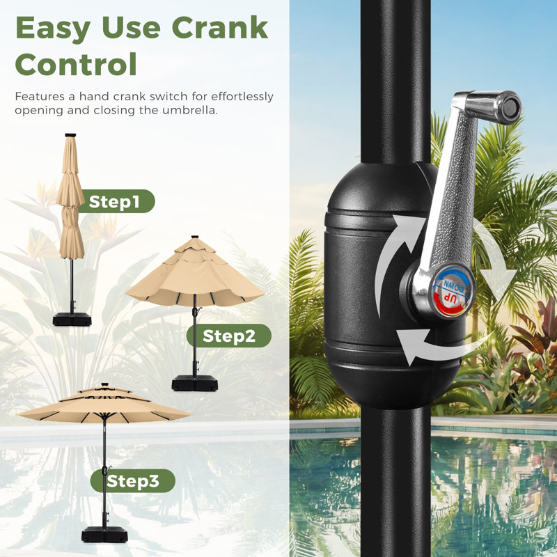 3 m 3-Tier Solar Patio Umbrella,32 LED Lights Patio Table Umbrellas With Tilt And Crank,8 Sturdy Ribs For Market, Beach, Pool, Garden, Deck, Backyard