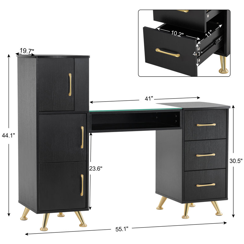 Table de manucure classique avec plateau en verre, bureau à clous avec tiroirs, bureau de maquillage pour coiffeuse, Noir