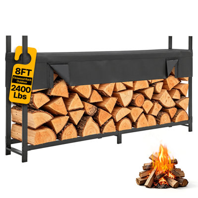 Râtelier à bûches avec housse imperméable, 2,4 m (8 pi) pour bûches de 0,5 stère, idéal pour foyer, terrasse ou patio. Support de bûches robuste, capacité de charge de 1 089 kg (2 400 lb), en métal noir. Organisateur de bûches.