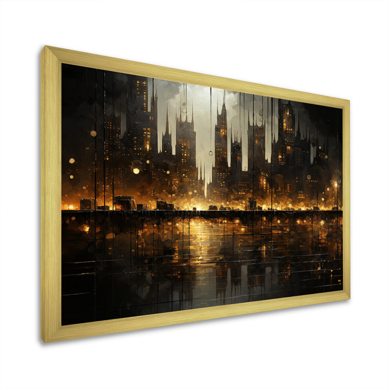 Nyc Cityscape Night Noir I, Cadre flottant doré, H 30 po x l 40 po x P 1,5 po