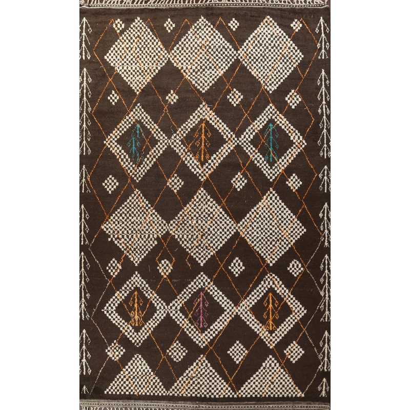 Tapis brun en laine noué à la main de conception unique 9 pi 11 po x 14 pi 11 po