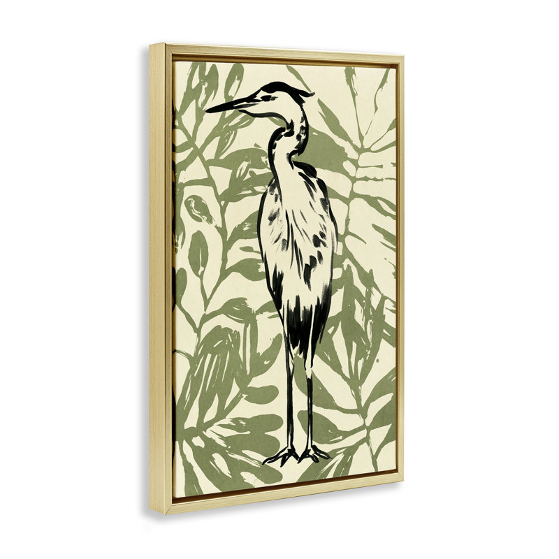 «Wild Heron & Leaves» par June Erica Vess, Cadre flottant gris lustré, H 25 po x l 17 po