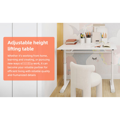 Bureau pour tous les âges, hauteur réglable manuellement (manivelle), pieds de table blancs, structure à double colonne, bureau compact idéal pour le travail à domicile, plateau couleur bois, stable et adapté aux petits espaces.